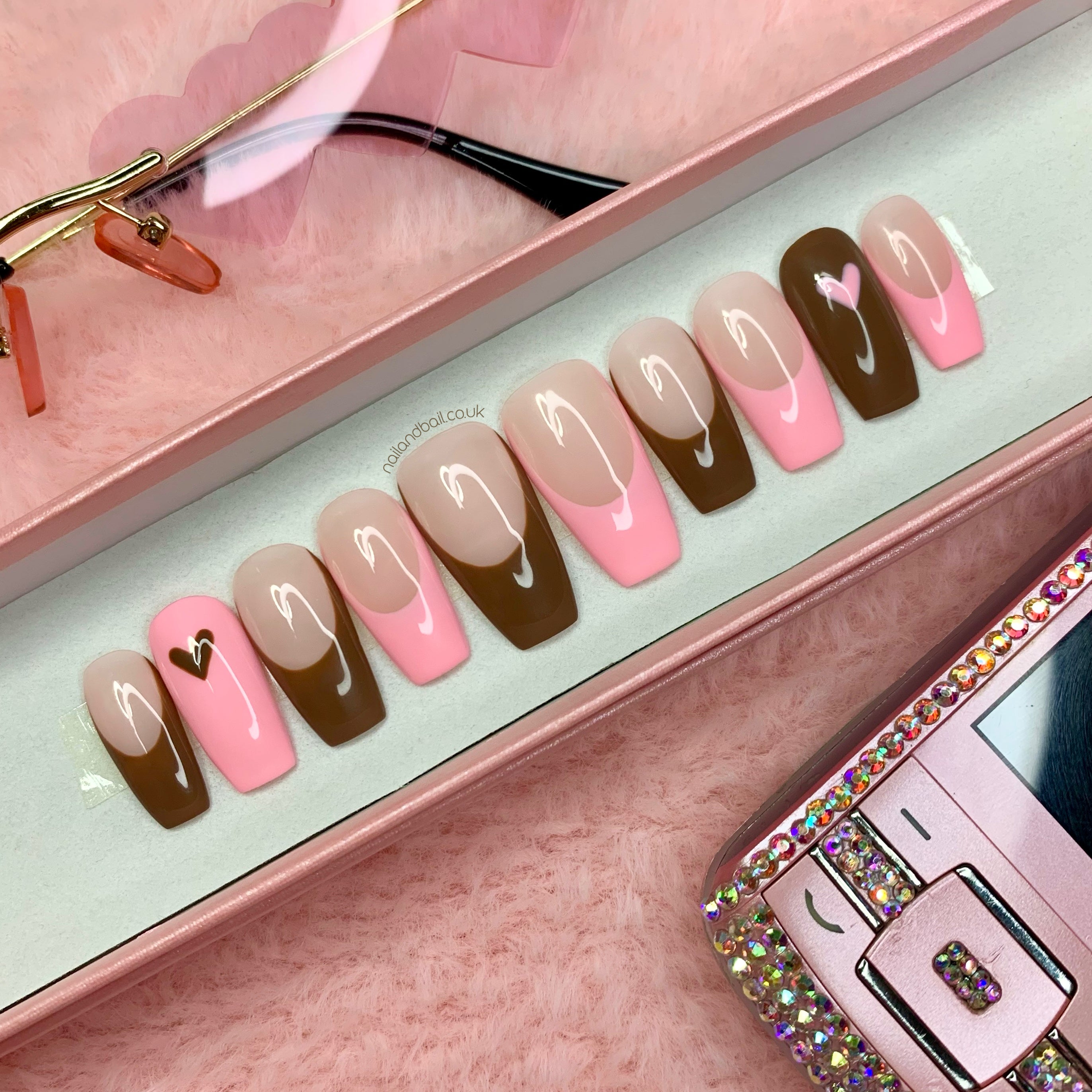 Pink and brown french tip heart press on nails
